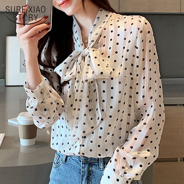 

blusas mujer de moda casual women bow polka dot long sleeve shirts v-neck chiffon blouses 5690 50 210417, White