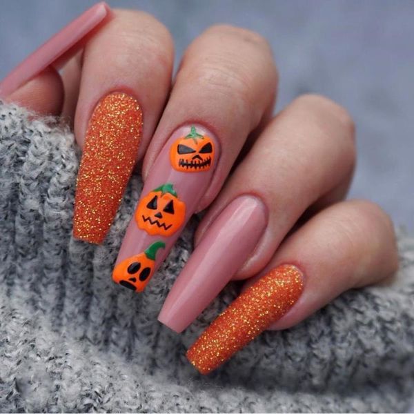 

false nails halloween grimace printed nail patch glue type removable long paragraph fashion manicure fake for girls, Red;gold