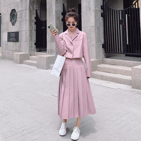 

two piece dress blazer and skirt 2 set women pink suits fashion elegant girls loose casual short suit coat high waist pleated skirts 7280, White