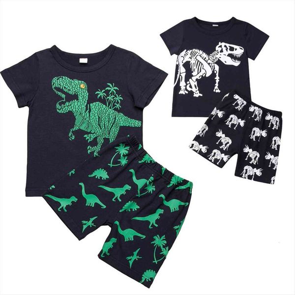 

summer baby boys girls dinosaur t shirt short sleeves pants kids clothes outfit cartoon set 2pcs, White