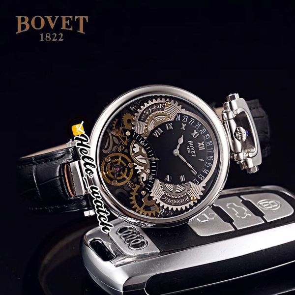 

46mm bovet 1822 tourbillon amadeo fleurie watches quartz mens watch steel case black skeleton dial leather strap hwbt hello_watch, Slivery;brown