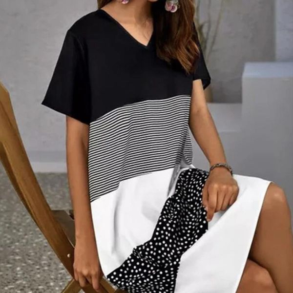

casual dresses temperament contrast color short sleeve dress, Black;gray