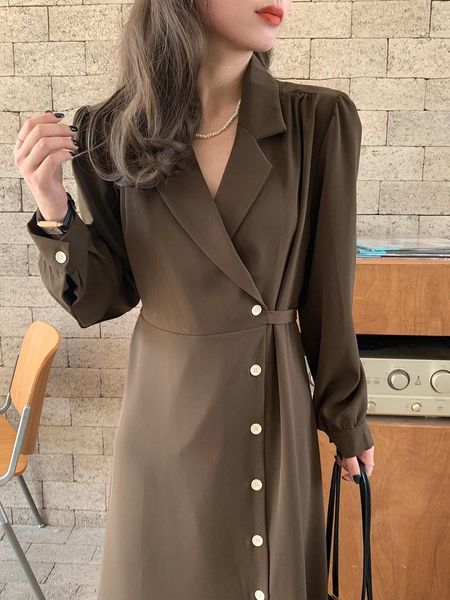 

casual dresses women french temperament suit collar slimming single-breasted mid-length dress 2022 winter female a-line qc131, Black;gray