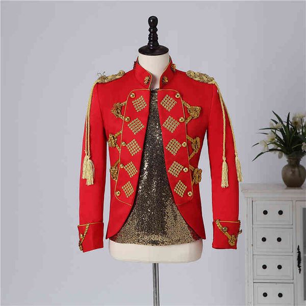 

Main import commodities: Red rimmed rivet men's disco singer performance dress neckline slotted jacket stage costume, Black;brown