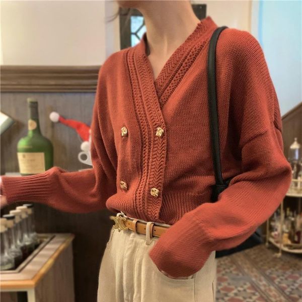

women's knits & tees peonfly 2021 autumn knit cardigan short style loose solid color v-neck long sleeve korean lazy wind outer sweater, White