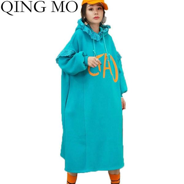 

women's hoodies & sweatshirts qing mo purple blue lace patchwork sweatshirt dress 2021 winter women letter print pullover hooded loose, Black