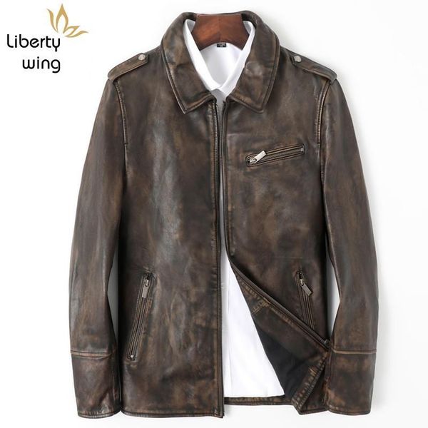 

men's leather & faux mens horsehide genuine vintage business man casual slim fit jacket moto biker windproof outwear coat, Black