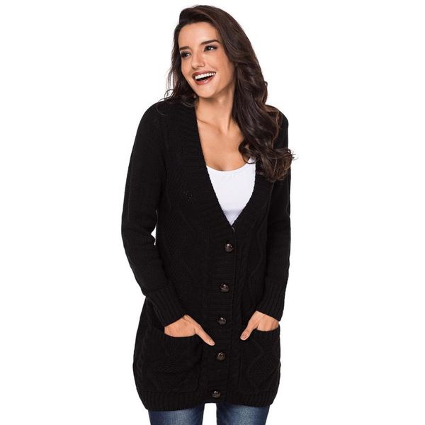 

women's sweaters autumn and winter v-neck single breasted long sleeve pocket knit sweater length, White;black