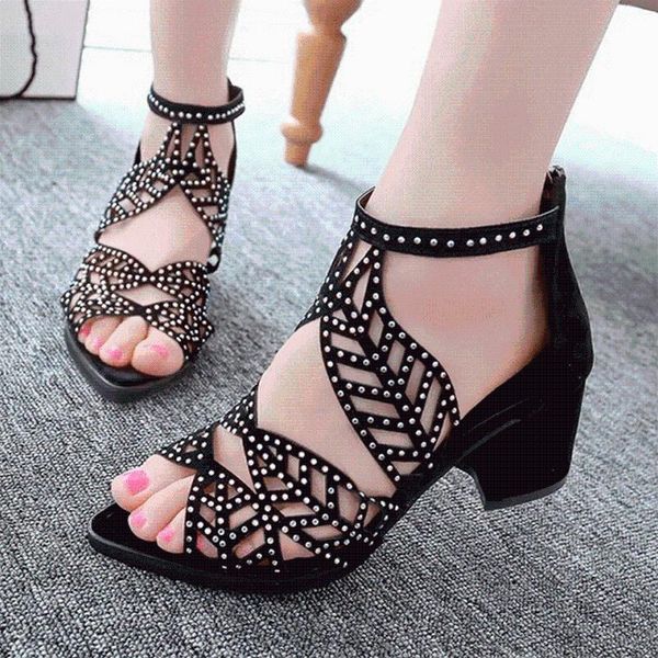 

women sandals fashion elegant party shoes zip mid square cover heel platform summer sequined, Black