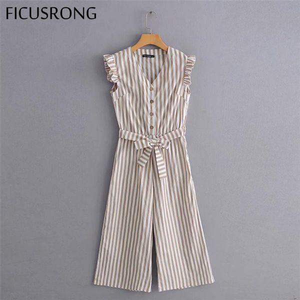 

women's jumpsuits & rompers long khaki stripe women single breasted v neck ruffles bandage ankle length pants ficusrong, Black;white