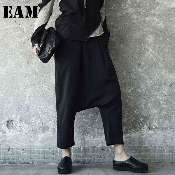 

[eam] spring solid color high elastic waist black losoe knitting split joint cross pant trousers fashion je8 211124, Black;white