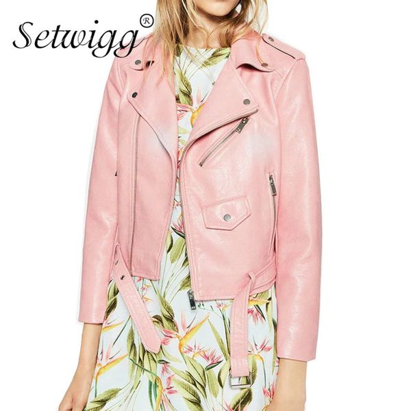 

leather women autumn winter belt soft faux jackets female pu leather motorcycle zipper outerwear & jacket coat pink burgundy, Black