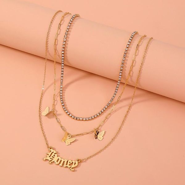 

chains european and american fashion jewelry temperament butterfly necklace ladies multi-layer rhinestone chain letter, Silver