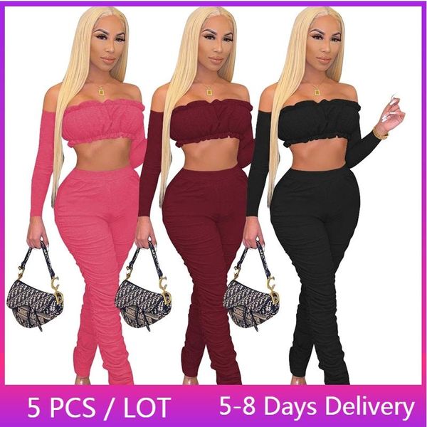 

women's two piece pants wholesale items streetwear womens suit set fall clothes backless ruffles crop stacked fashion women 2 sets, White