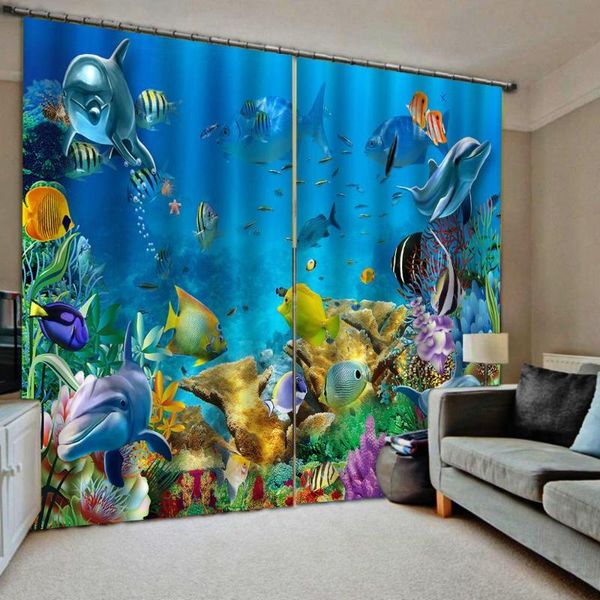 

ocean underwater dolphin curtains blue curtain 3d window print luxury blackout for living room & drapes