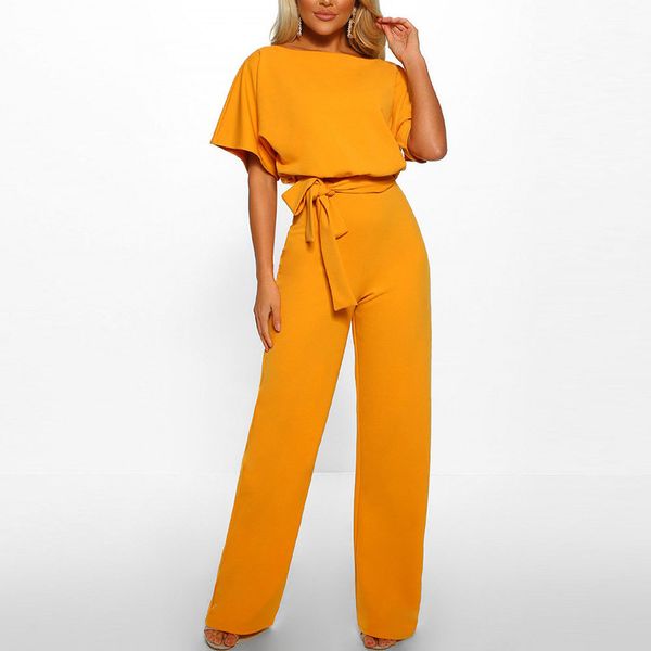 Summer Chiffon Jumpsuit Casual Sólido Sólido Manga Curta Esgotas Leg Bumpsuits com Cinto Plus Size 3XL Macacões Macacões 210428