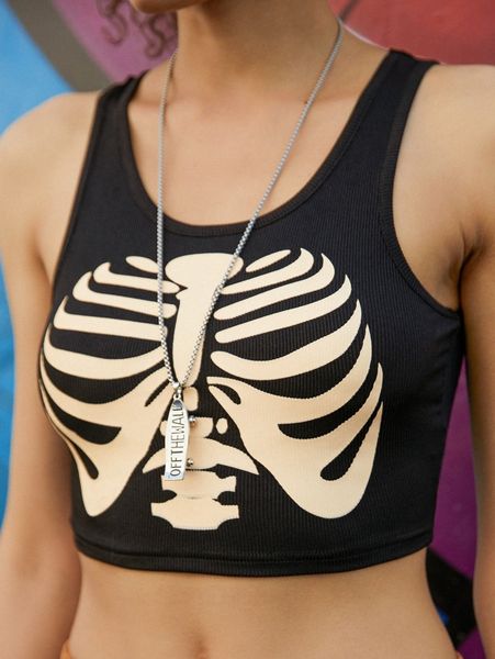 

romwe skeleton graphic crop tank 81cw#, White