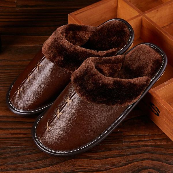 

winter men and women warm slippers indoor outdoor non-slip imitation leather fabric cotton couple, Black