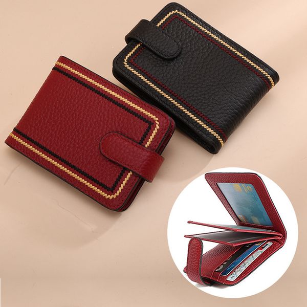 

women short organizer wallet solid color hasp mini wallets womens bags wholesale credit card genuine leather black/red/grey q55x40, Red;black