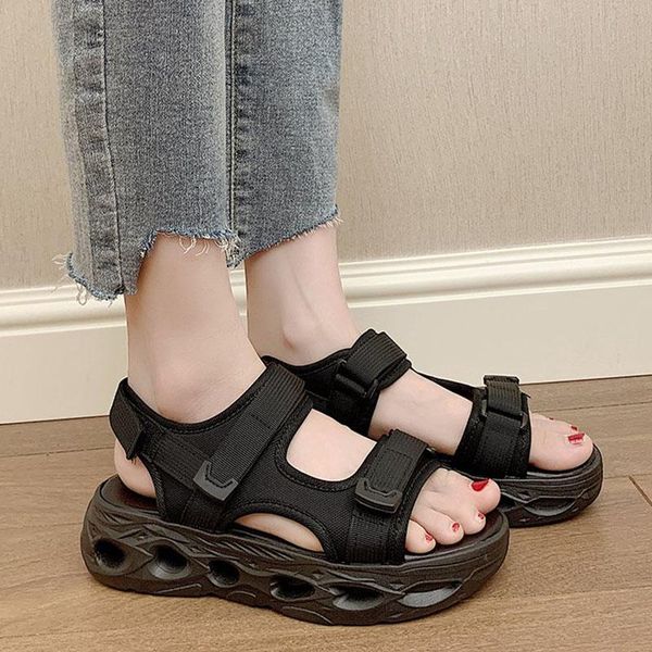 

sandals rimocy fashion soft platform women 2021 summer hook loop hollow out chunky woman comfort casual walking shoes, Black