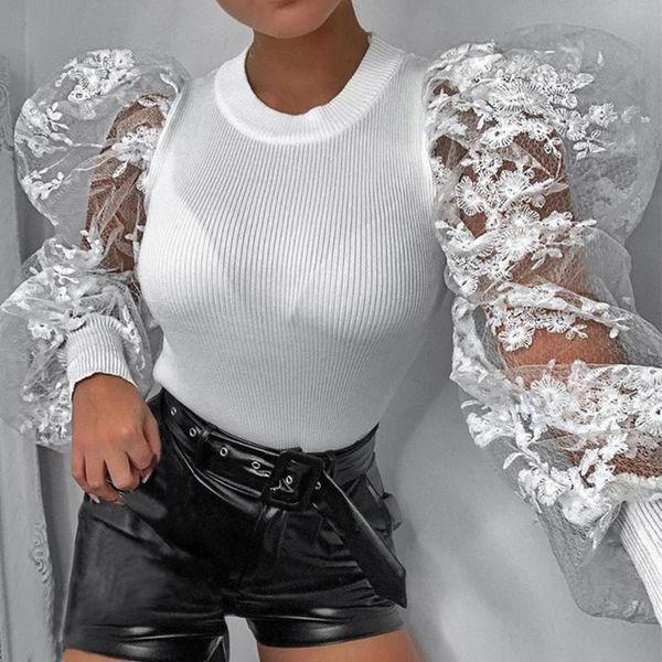 

women's blouses & shirts women flower mesh puff long sheer sleeve pullover blouse party club spring autumn sexy, White