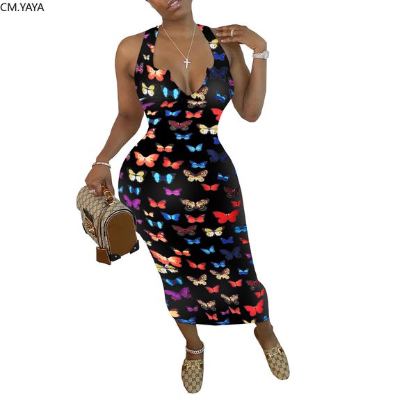 

2021cm.yaya women butterfly print sleeveless v-neck bodycon mid-calf length dress party club midi bandage pencil dresses, Black;gray