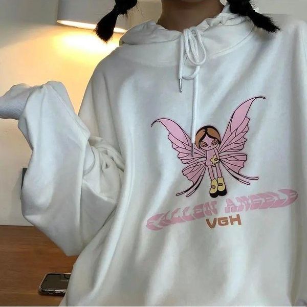 

women's hoodies & sweatshirts kawaii womens loose butterfly print streetwear women hooded harajuku oversize pullovers korean y2k, Black