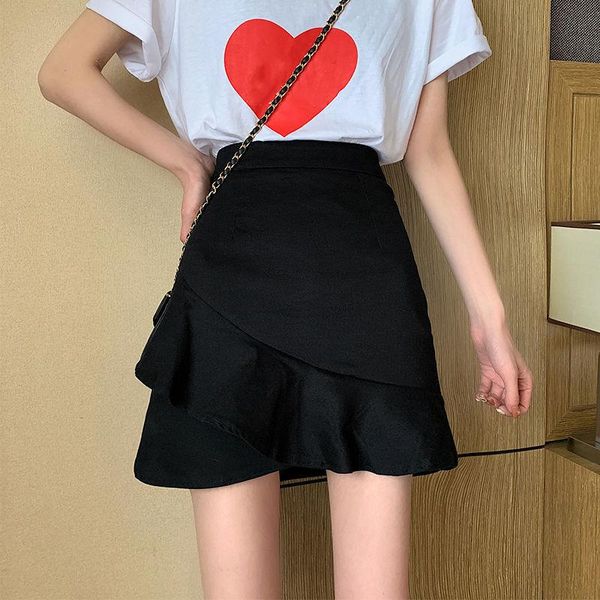 

skirts women ruffles mini a-line design high-waist solid korean style casual fashion all-match streetwear students skinny skirt, Black