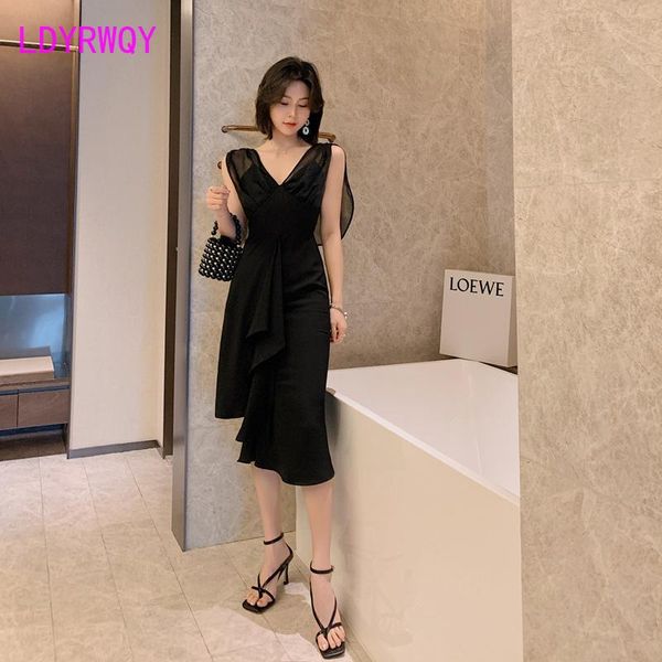 

casual dresses 2021 summer women's ladies' temperament v-neck waist sleeveless chiffon dress office lady polyester, Black;gray