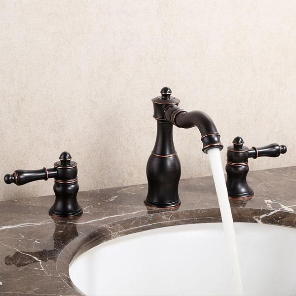 

wash basin brass bathroom cold and mixer tap water antique black faucet dual handles sink three holes taps faucets