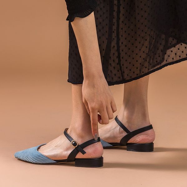 

sandals flat sandals women genuine cow leather corduroy pointed toe buckle strap elegant ladies summer shoes handmade 32183, Black