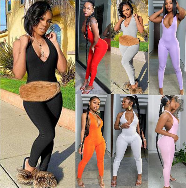 

women jumpsuit backless sleeveless v neck hip sports long pants rompers 8732, Gray