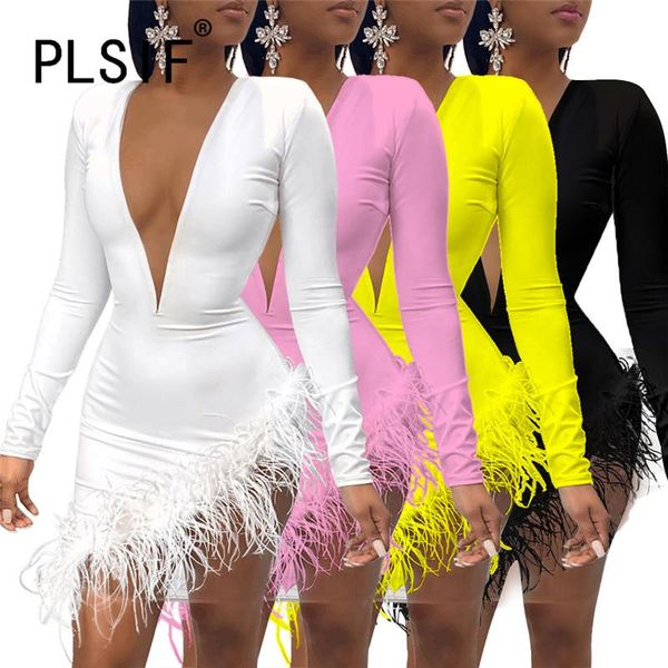 

casual dresses fashion v neck feathers long sleeve short mini dress ladies slim party club bodycon vestidos, Black;gray