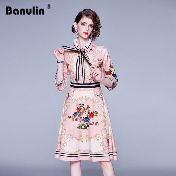 

summer autumn fashion runway long sleeve dress women's bowknot lapel multicolor floral print vintage elegant 210603, Black;gray