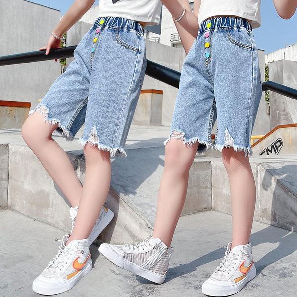 

shorts cool girl knee-length jeans children casual short pants kids thin elastic waist denim teen summer clothing 6 7 8 9 10 14y, Black