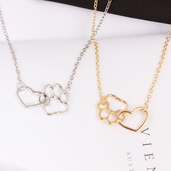 

pendant necklaces hollow pet footprint cute animal dog cat love heart necklace for women girls jewelry, Silver