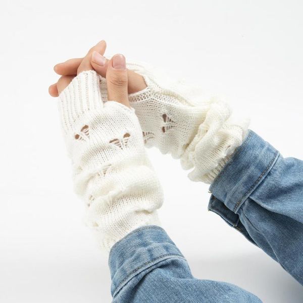 

children's mittens thick 1 pair classic jacquard heart fingerless gloves cold resistant crochet hand warmer, White