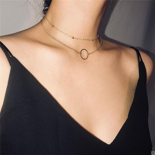 

chains creative double layer bead chain hollow circle pendant necklace for women jewelry personality gift, Silver