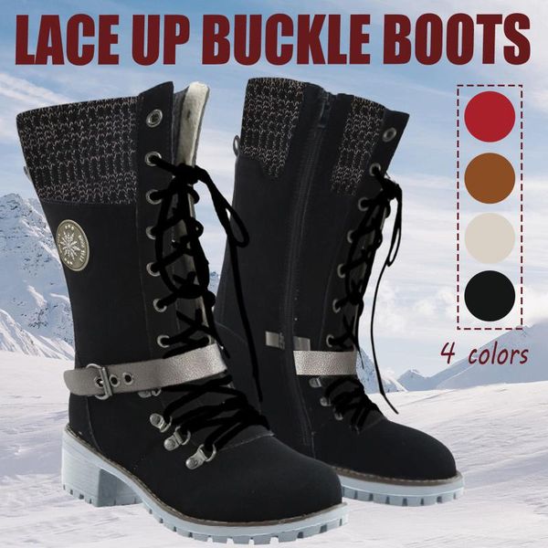 

brand ladies fashion square heels lace up round toe solid boots shoes womens' buckle plush, Black