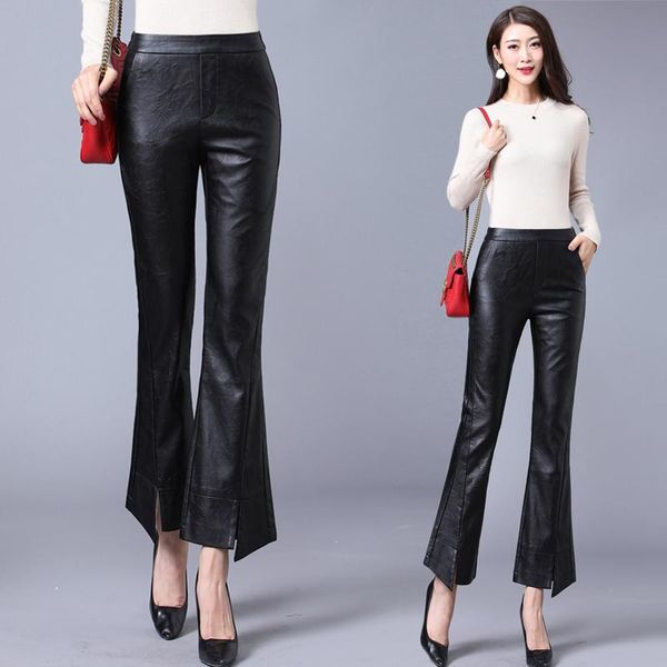 

women's pants & capris 2021 autumn women fashion lace up harajuku slim fit leisure streetwear split high waist plus size leather, Black;white