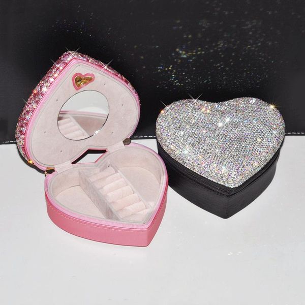 

bathroom storage & organization small heart-shaped leather diamond jewelry box with makeup mirror earrings necklace ring lipstick travel por