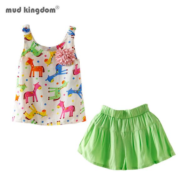 

mudkingdom girls outfits sleeveless cartoon animal pattern solid shorts sets 210615, White