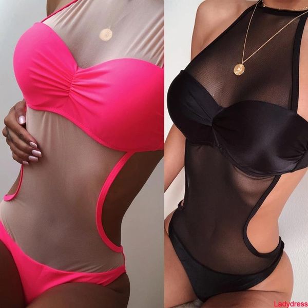 

women's jumpsuits & rompers 2021 mesh wrap chest one piece swimwear halter see thought body women backless pink black bodysuits femme s, Black;white