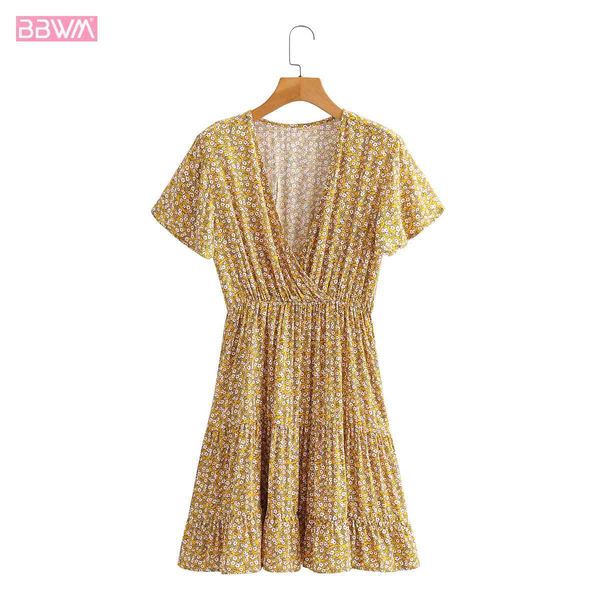 

women v-neck short-sleeved waisted floral print dress vintage fresh stitching chic female mini dresses vestidos 210507, Black;gray