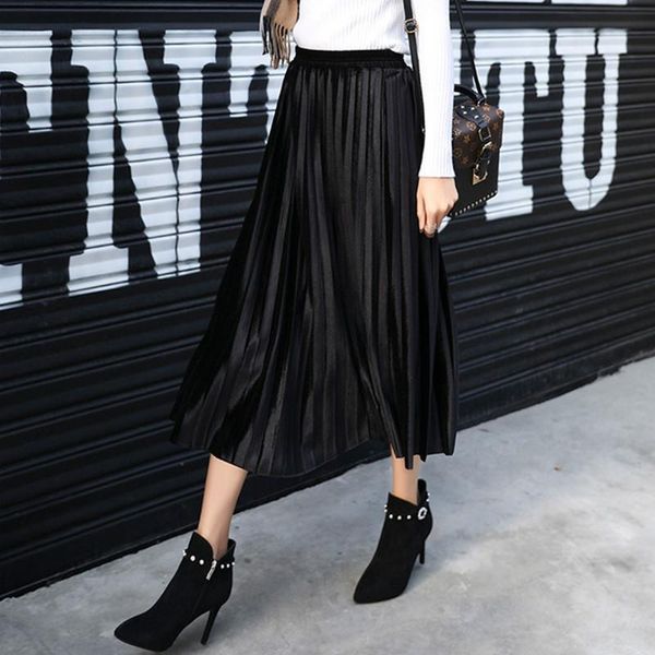 

skirts velvet pleated skirt women's autumn winter vintage black womens faldas mujer moda 2021 long maxi high waist party