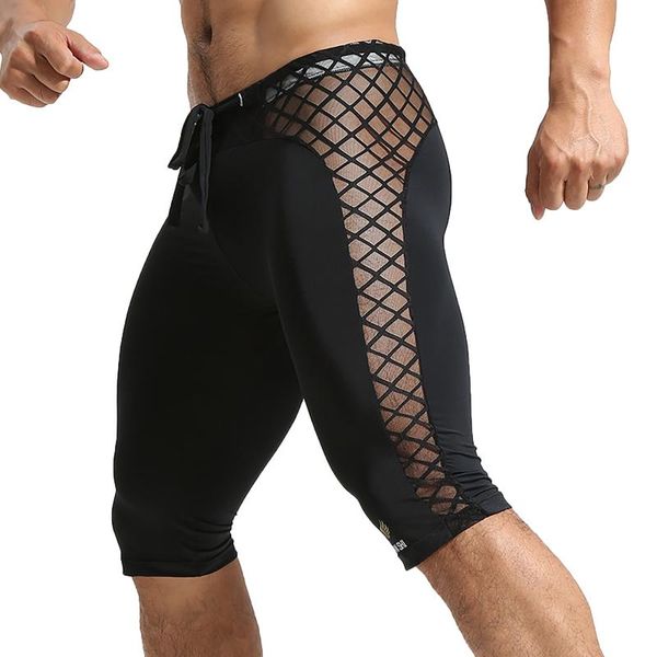 

men's shorts men sports gym fitness sportswear see-through plaid mesh sport tights summer breathable low waist bottoms pants, White;black