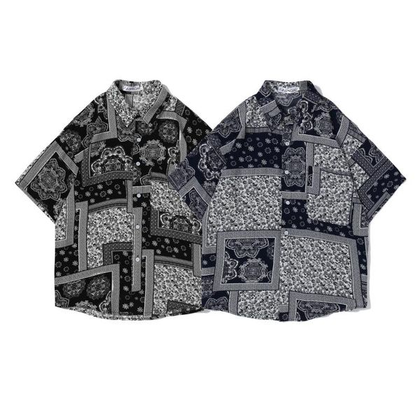 

men's casual shirts mens bandanna pattern men clothing button up shirt hawaiian black japanese fashion, White;black