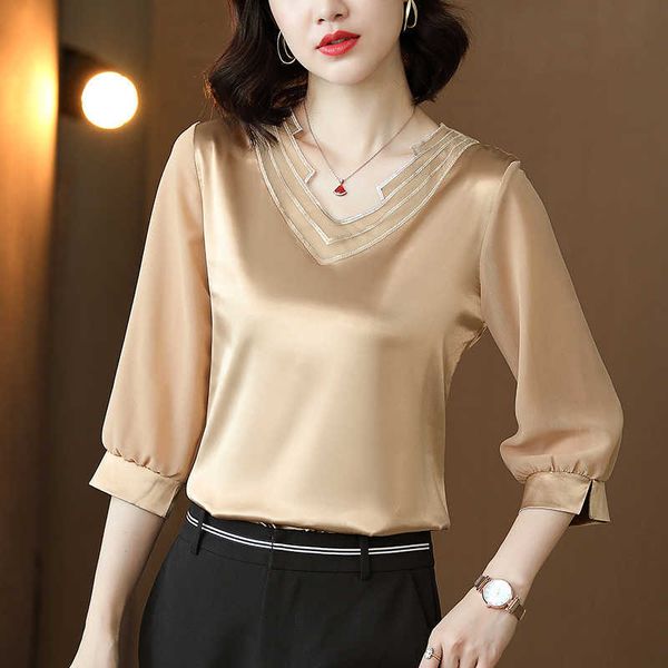 

korean silk women blouses satin v-neck shirt woman plus size lace camisas mujer 210604, White