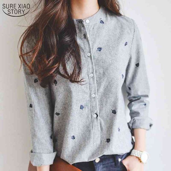 

spring summer fashion solid cotton shirts embroidery striped stand collar women blouse plus size blouses feminina 100f 210521, White