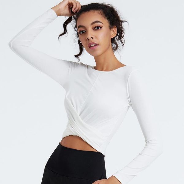 

yoga outfit women cotton shirts long sleeve o-collar slim quick dry cross-back sports shirt running t-shirt fitness clothing